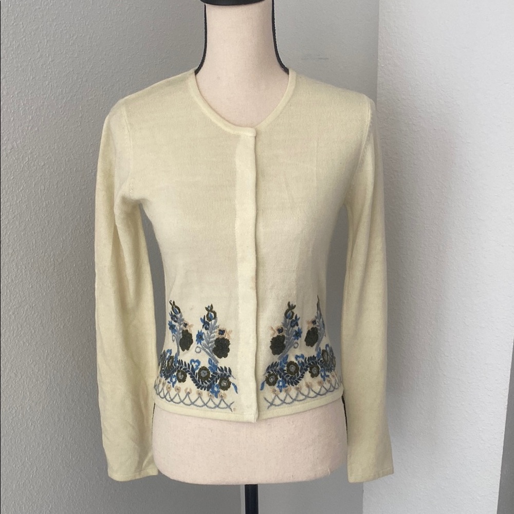 Free People Cream Cardigan with Blue and Green Floral Embroidery